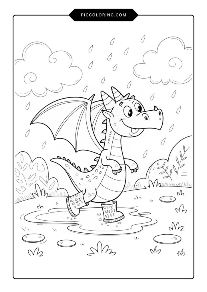 A dragon splashing in a puddle wearing rain boots