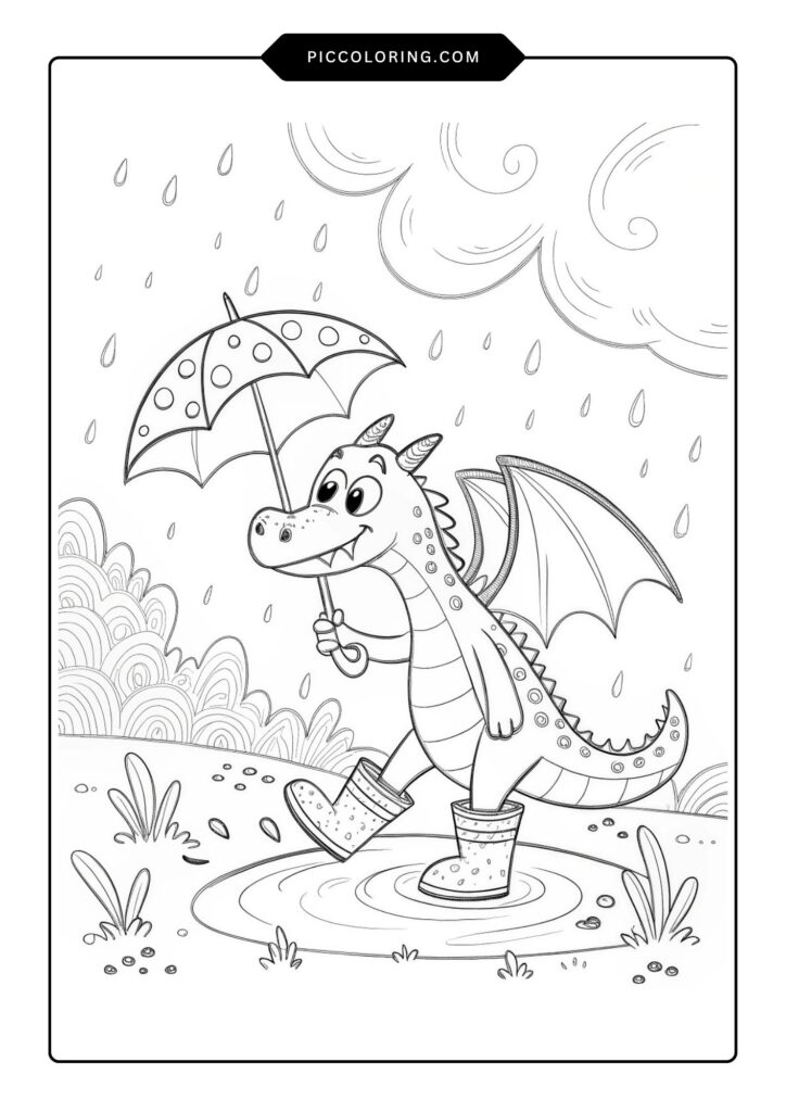 A dragon splashing in a puddle wearing rain boots