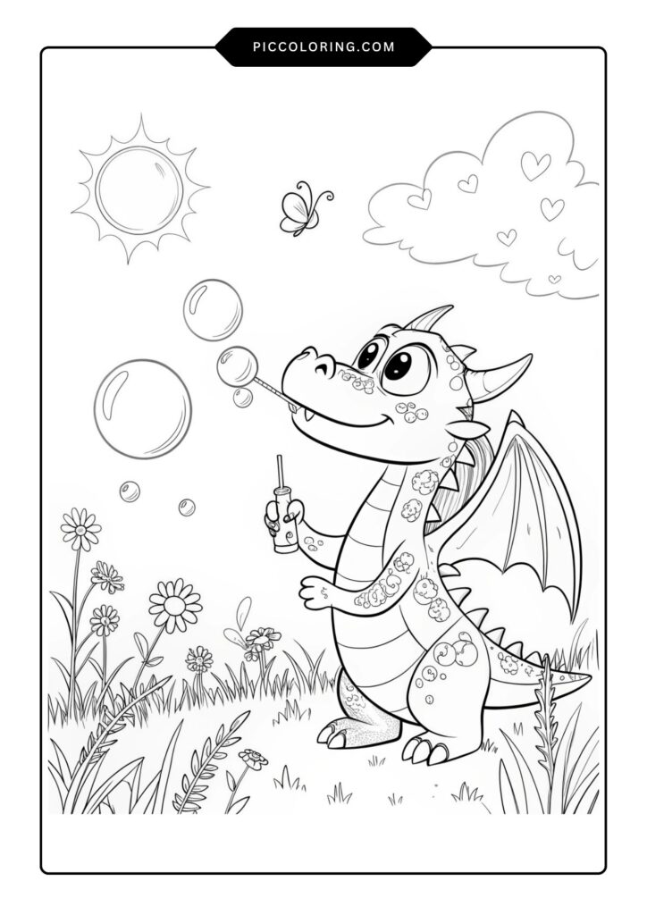 A friendly dragon blowing bubbles in a sunny meadow