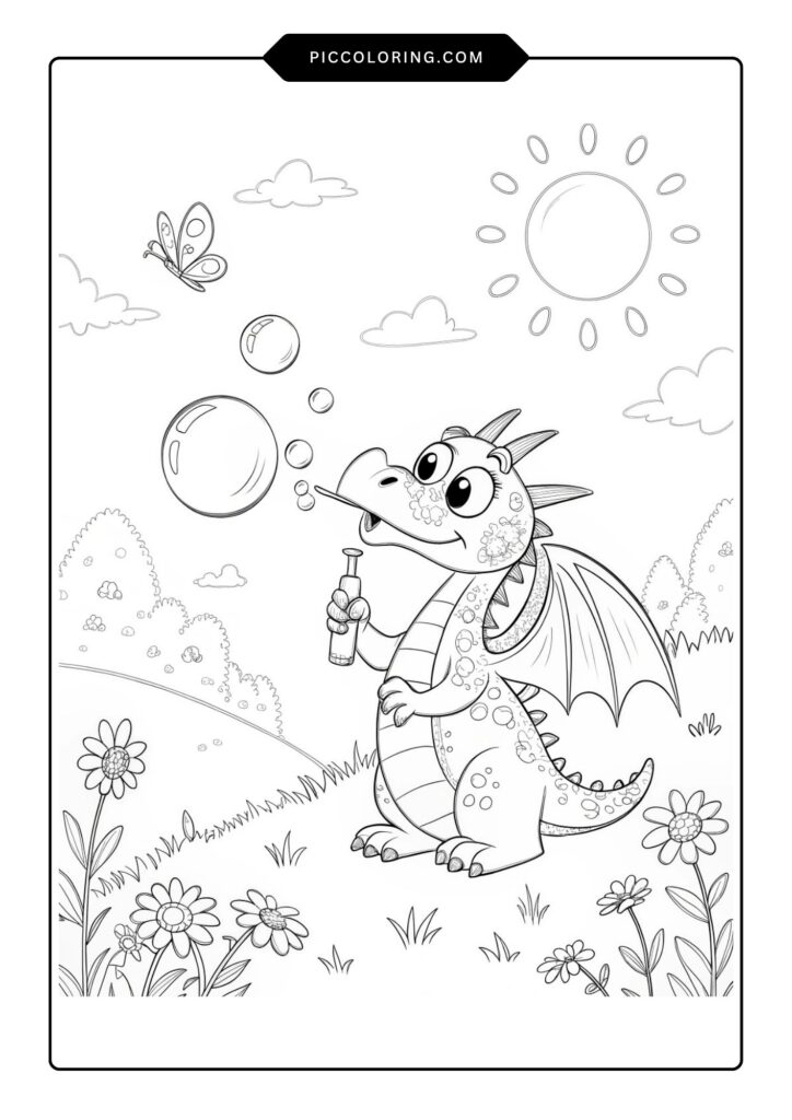 A friendly dragon blowing bubbles in a sunny meadow