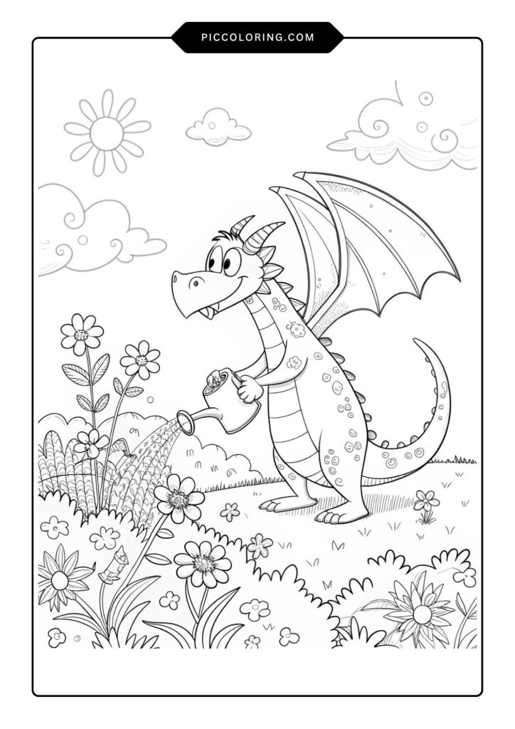A garden scene with a dragon watering flowers