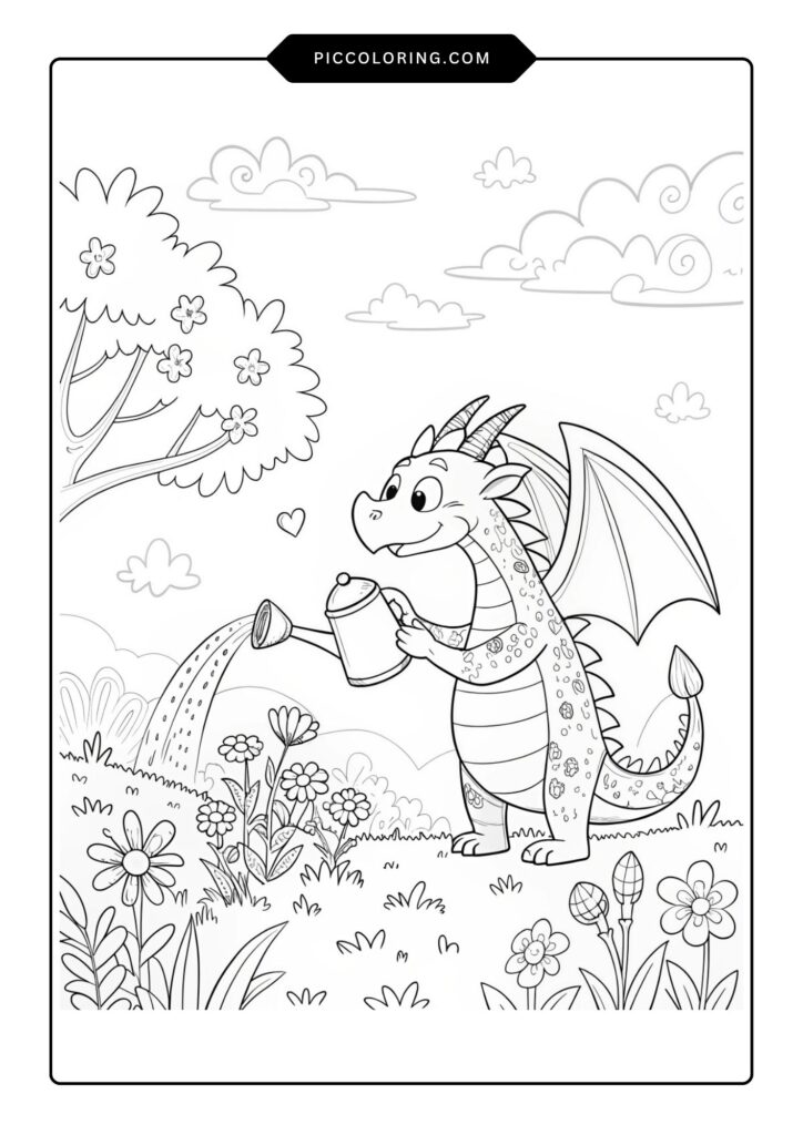 A garden scene with a dragon watering flowers