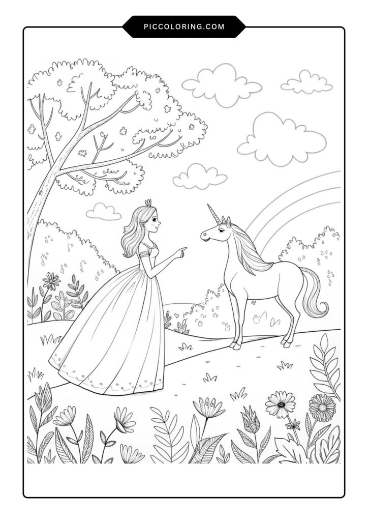 A princess with a pet unicorn in a flower-filled garden 