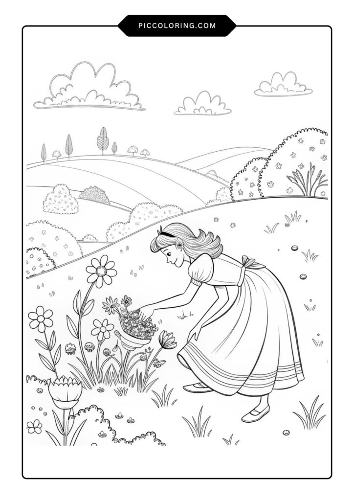 A princess with a pet unicorn in a flower-filled garden 