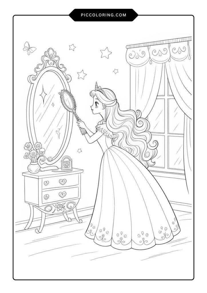 A princess with long flowing hair brushing it in front of a mirror 