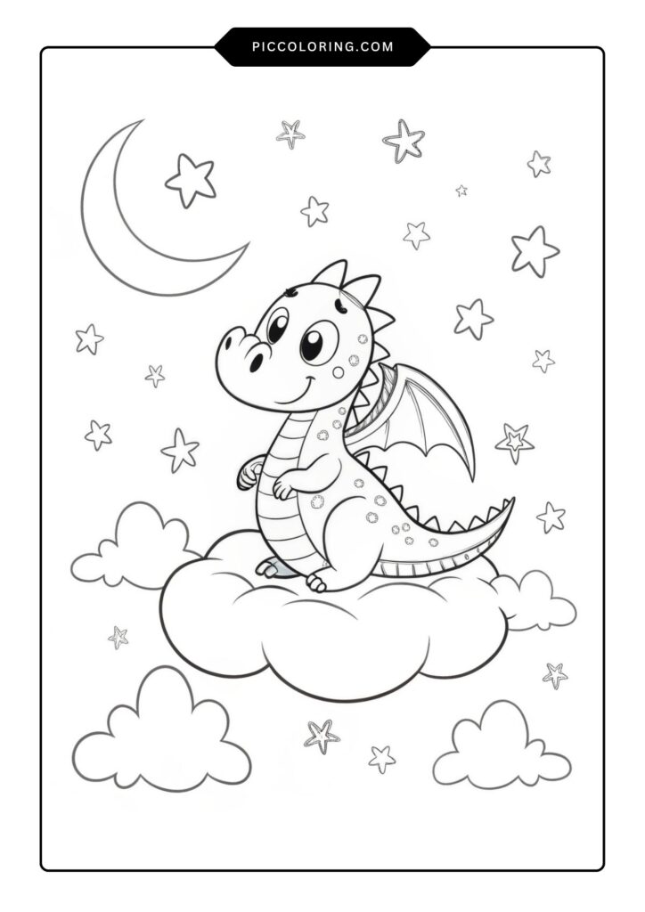 A smiling baby dragon sitting on a cloud with stars around it
