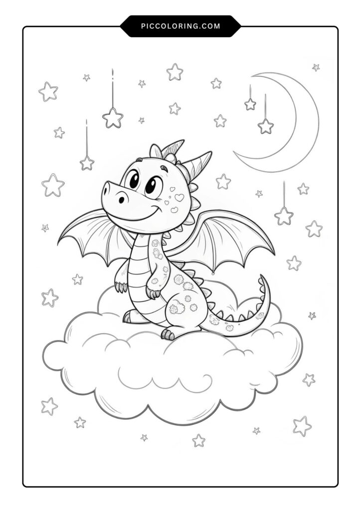 A smiling baby dragon sitting on a cloud with stars around it