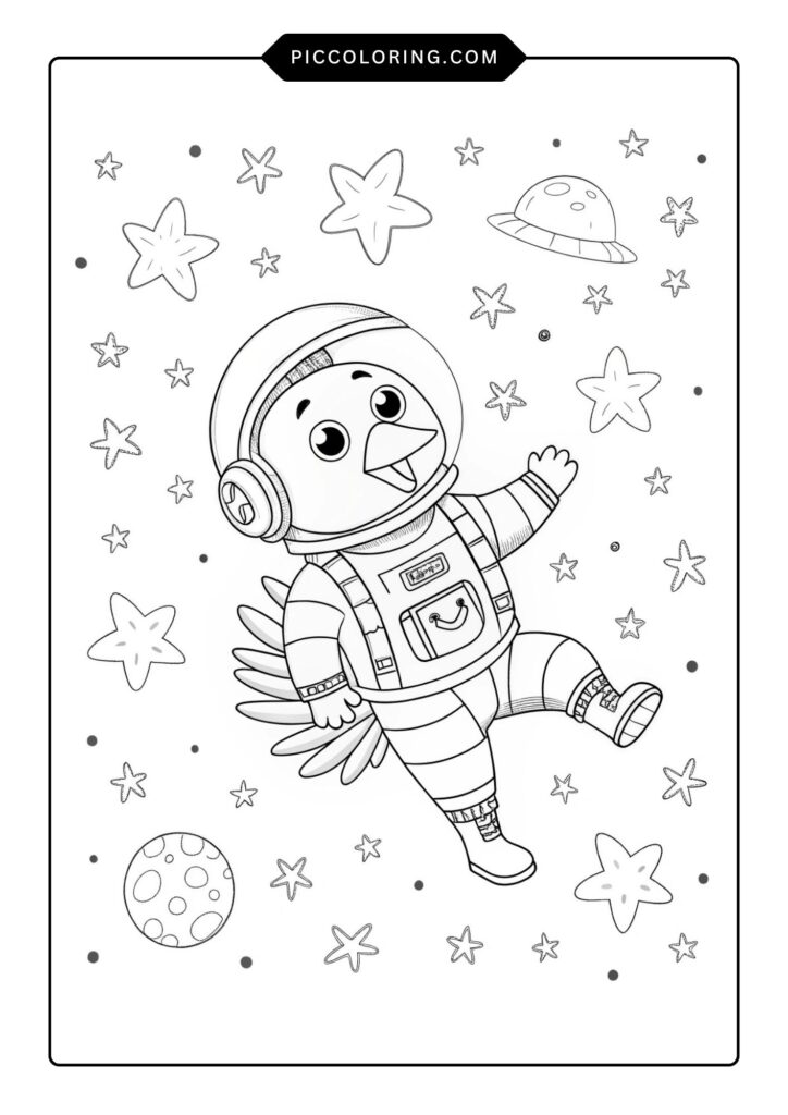 Astronaut turkey floating with stars 