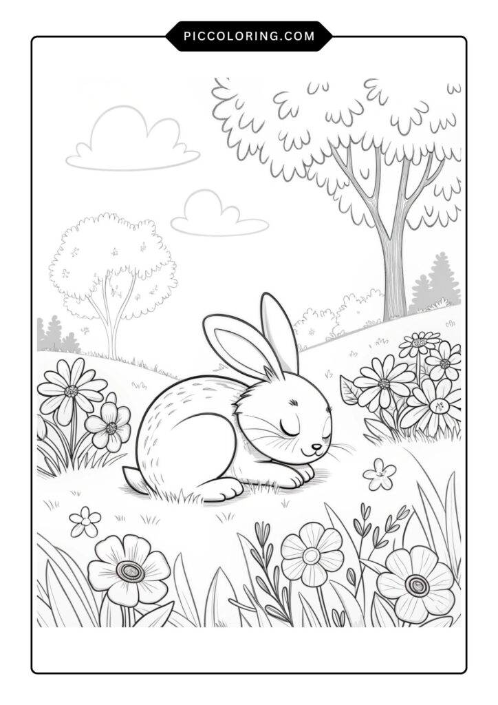 Bunny sleeping in a flower patch