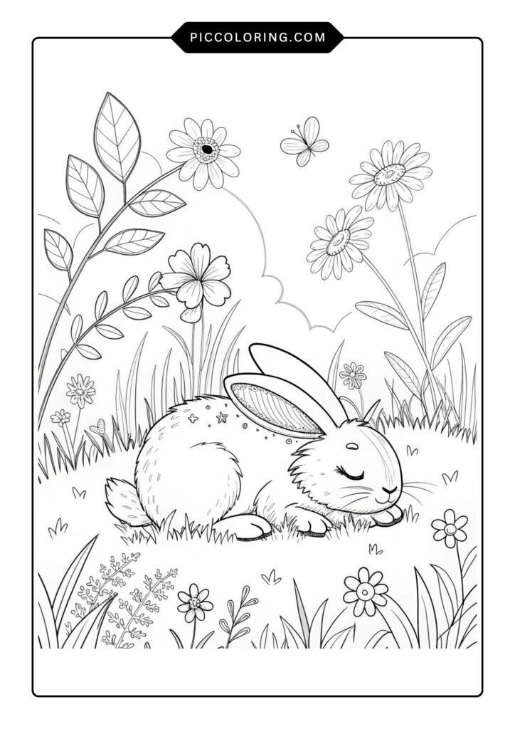 Bunny sleeping in a flower patch