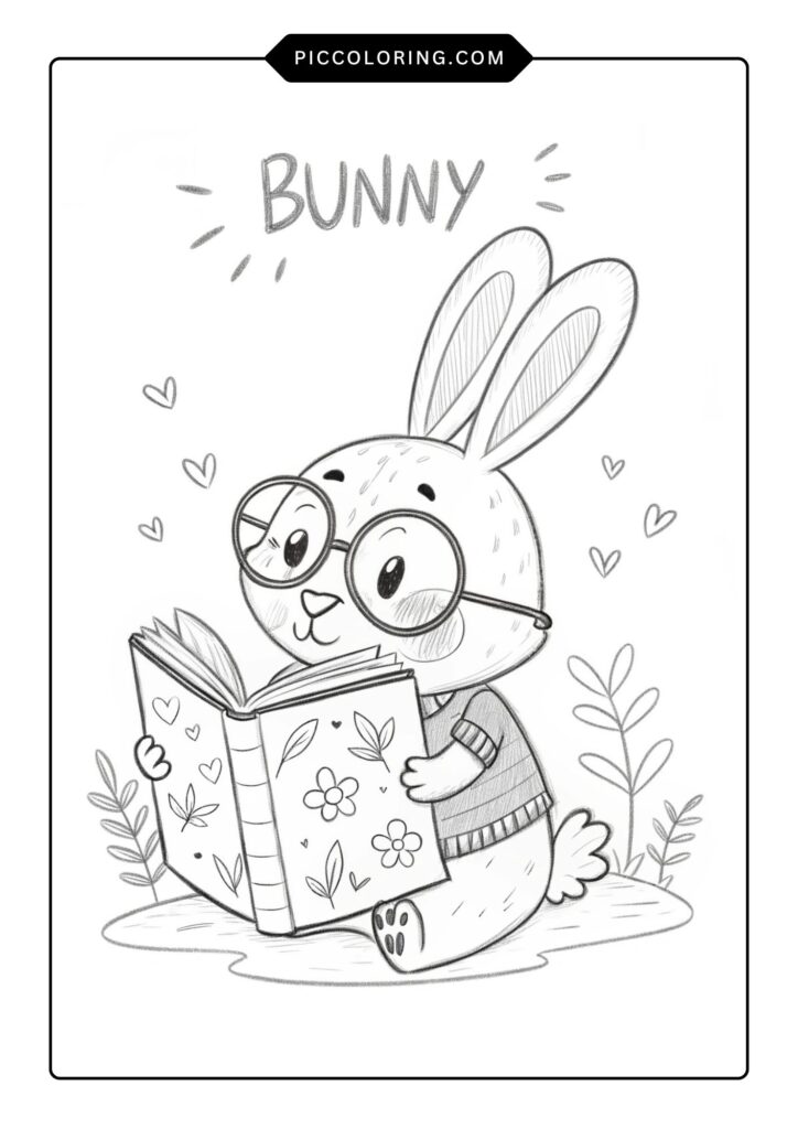 Bunny wearing glasses reading a book 