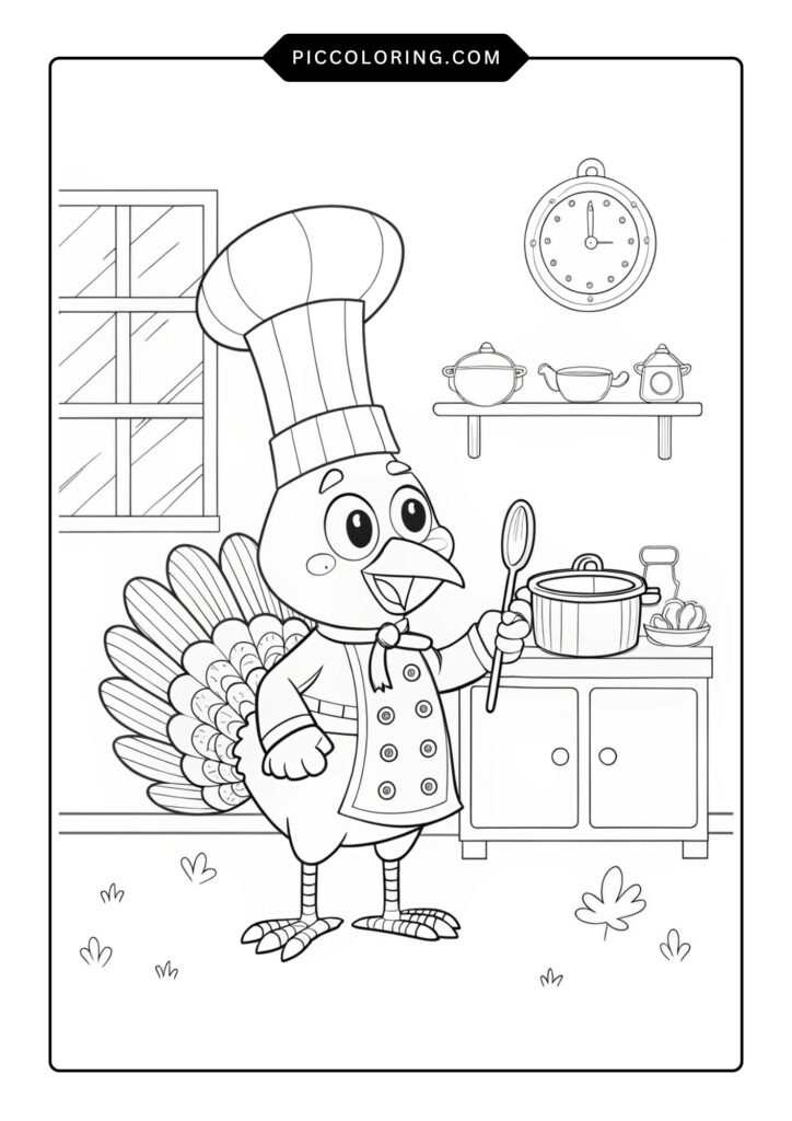 Chef turkey holding a spoon and pot 