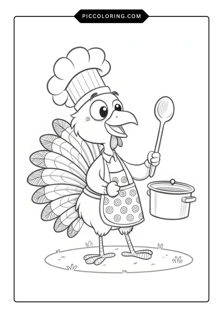Chef turkey holding a spoon and pot 