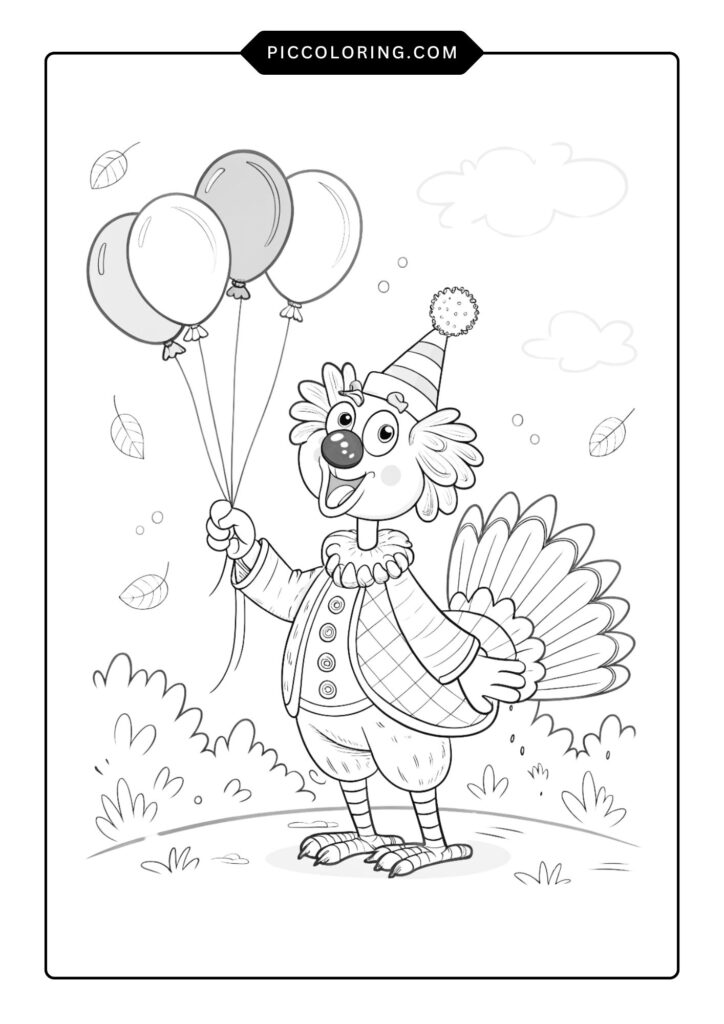 Clown turkey with a round nose and balloons