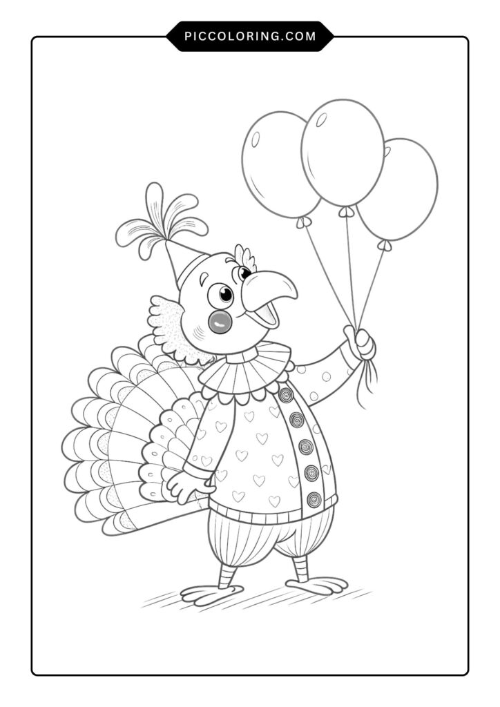 Clown turkey with a round nose and balloons 