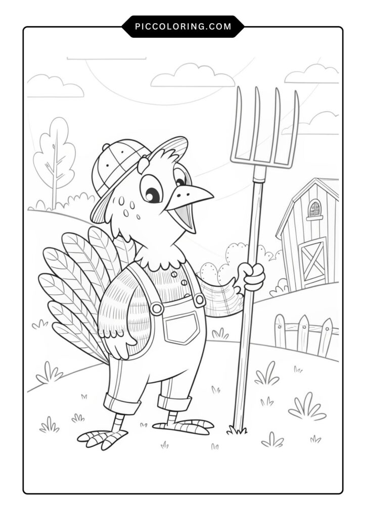 Farmer turkey with overalls and a pitchfork 