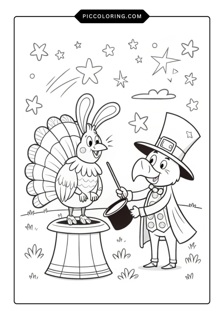 Magician turkey pulling a bunny from a hat 
