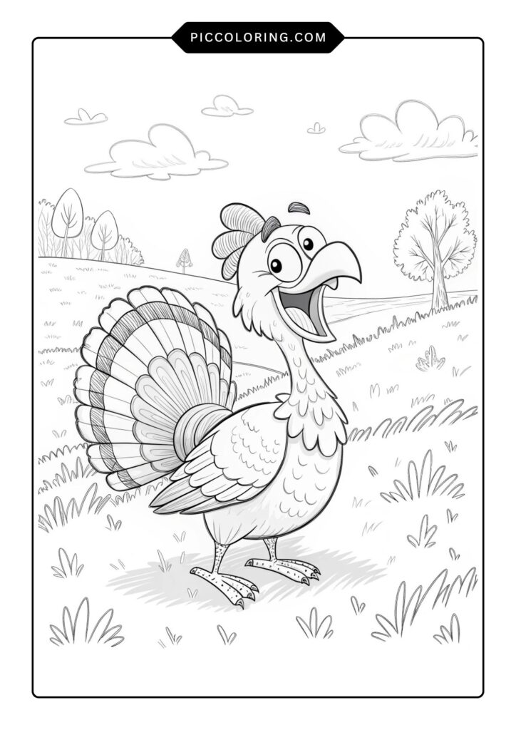 Smiling turkey standing in a field
