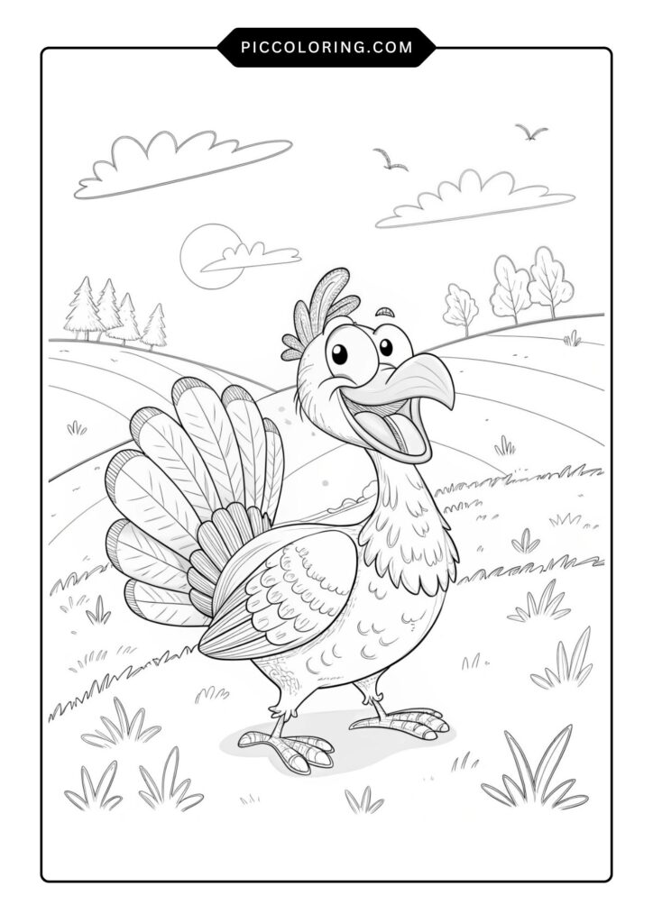 Smiling turkey standing in a field 