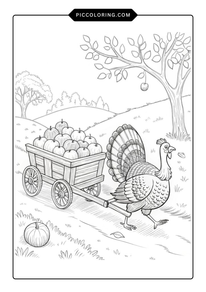 Turkey pulling a wagon of apples