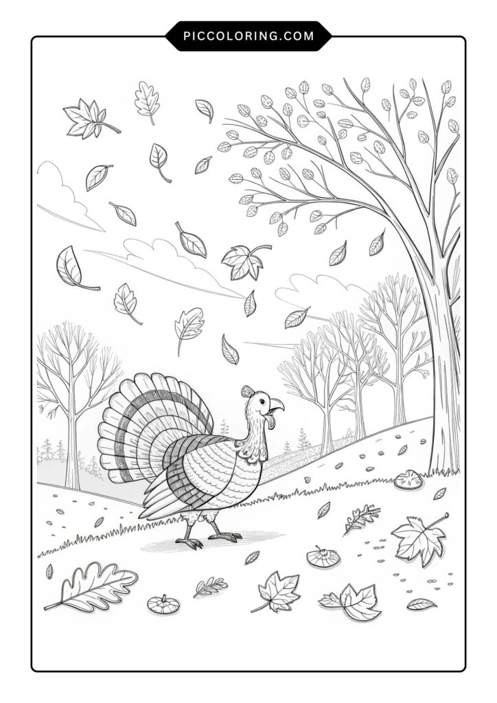 Turkey with falling autumn leaves