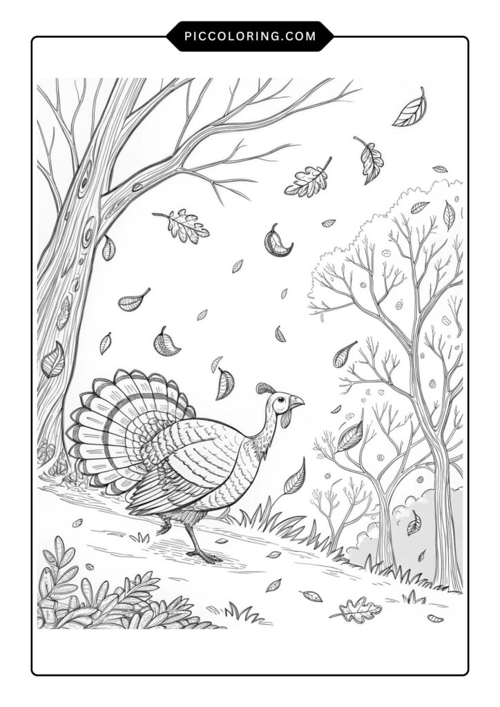 Turkey with falling autumn leaves 