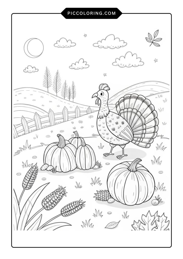 Turkey with pumpkins and corn
