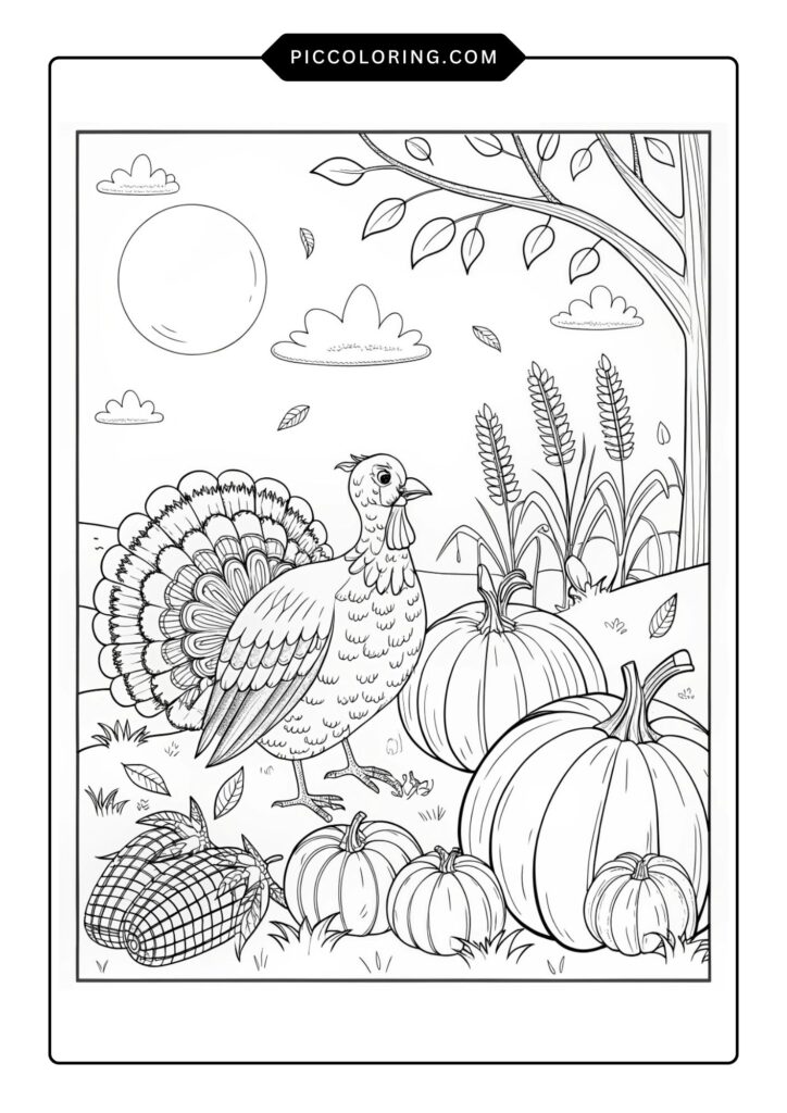 Turkey with pumpkins and corn 