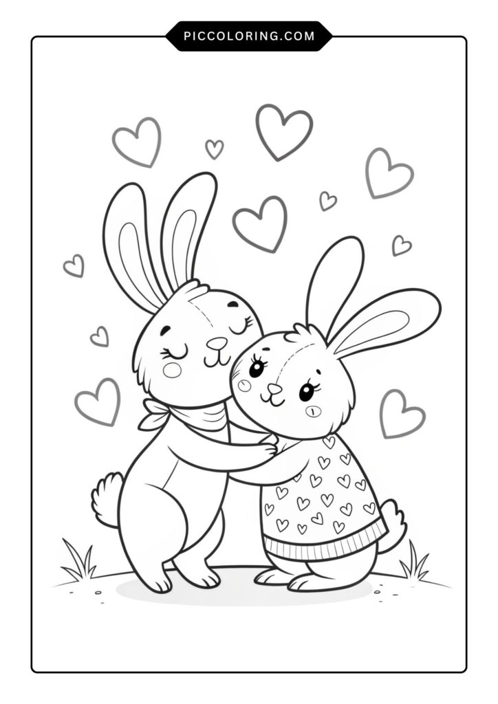 Two bunnies hugging with hearts