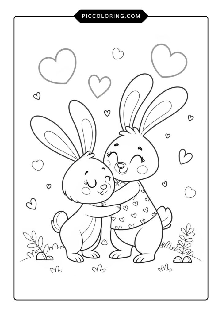 Two bunnies hugging with hearts